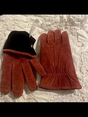 Vintage Woman’s Large Aris 115  Reddish  Suede Leather Gloves Fleece Lined